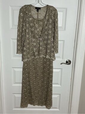 R&M Richards Beaded Lace Two-Piece Dress in Champagne